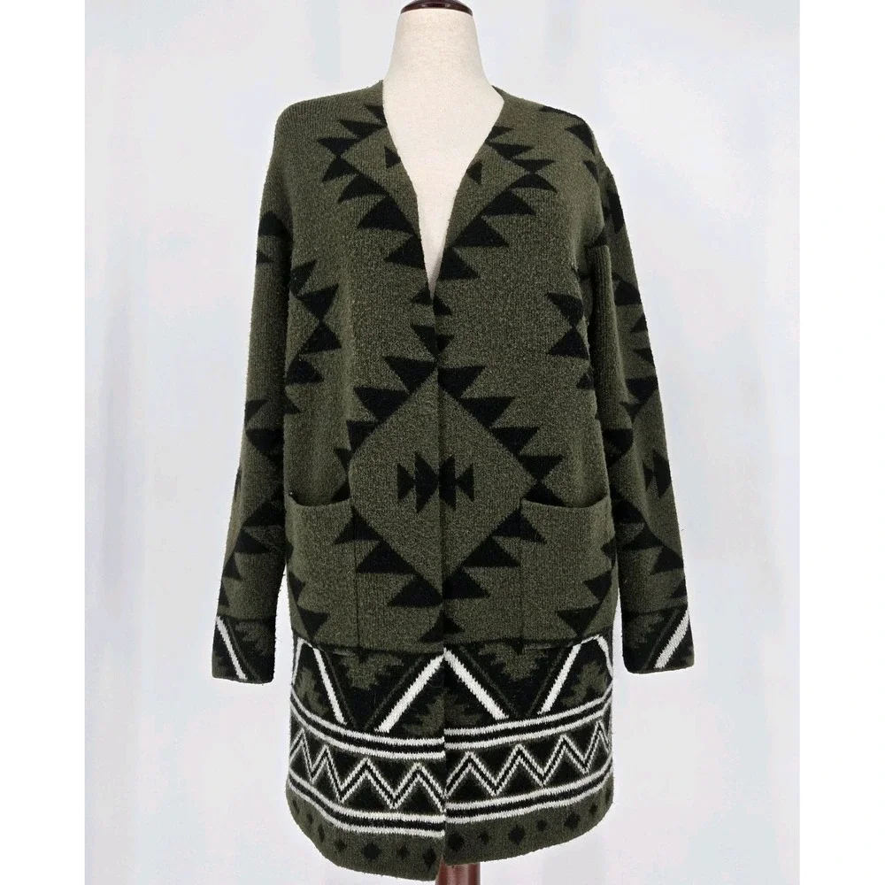 Frye Open Front Cardigan Sweater Aztec Southwestern Green Black Women's Large‎ L - Picture 2 of 9